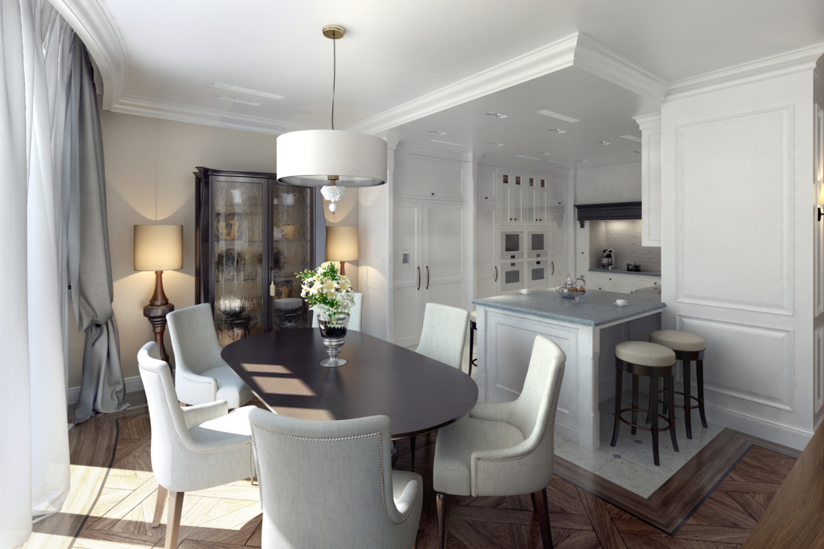Зона кухни-столовой интегрирована в общую площадь гостиной квартиры, объединена с ней декоративными стеновыми панелями-буазери, доминирующим  белым цветом корпусной мебели (кухня, библиотека)