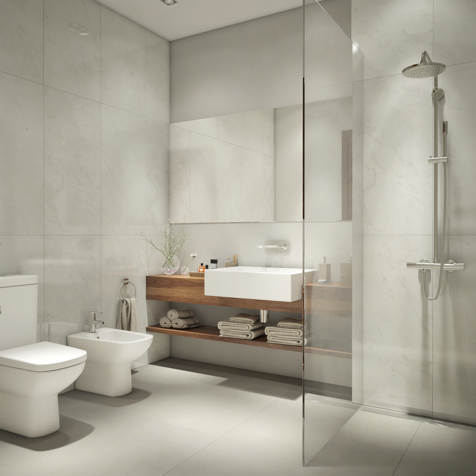 В ванной задействованы все те же материалы, что и в остальных помещениях -натуральный мрамор, американский орех и светлая, практически белая, влагостойкая краска для стен.