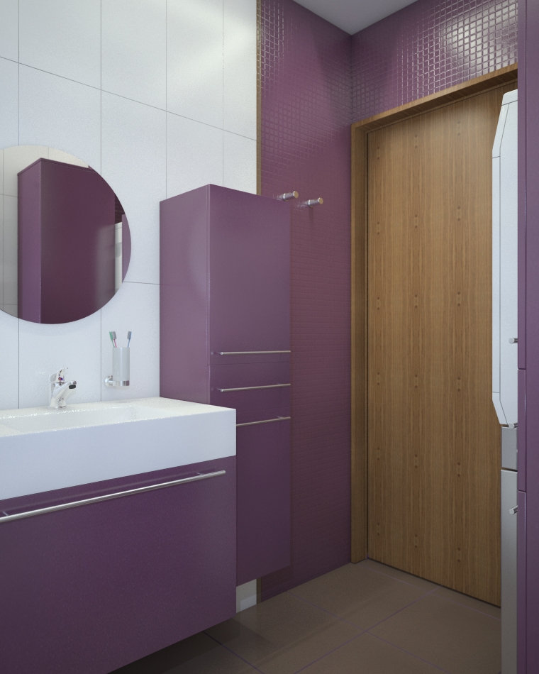 Мебель для ванной комнаты выкрашена в лиловый цвет в тон настенной плитки.