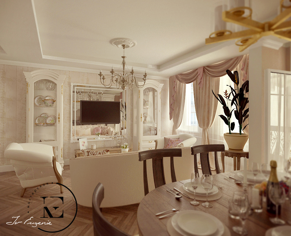 Двухъярусный воздушный потолок с красивой лепниной. В центре гостиной элегантная мягкая мебель с белой обивкой. Очень красиво выполненные шторы, являются украшением окна. Корпусная мебель из белого дерева с золотым орнаментом еще больше подчеркивают французский стиль.