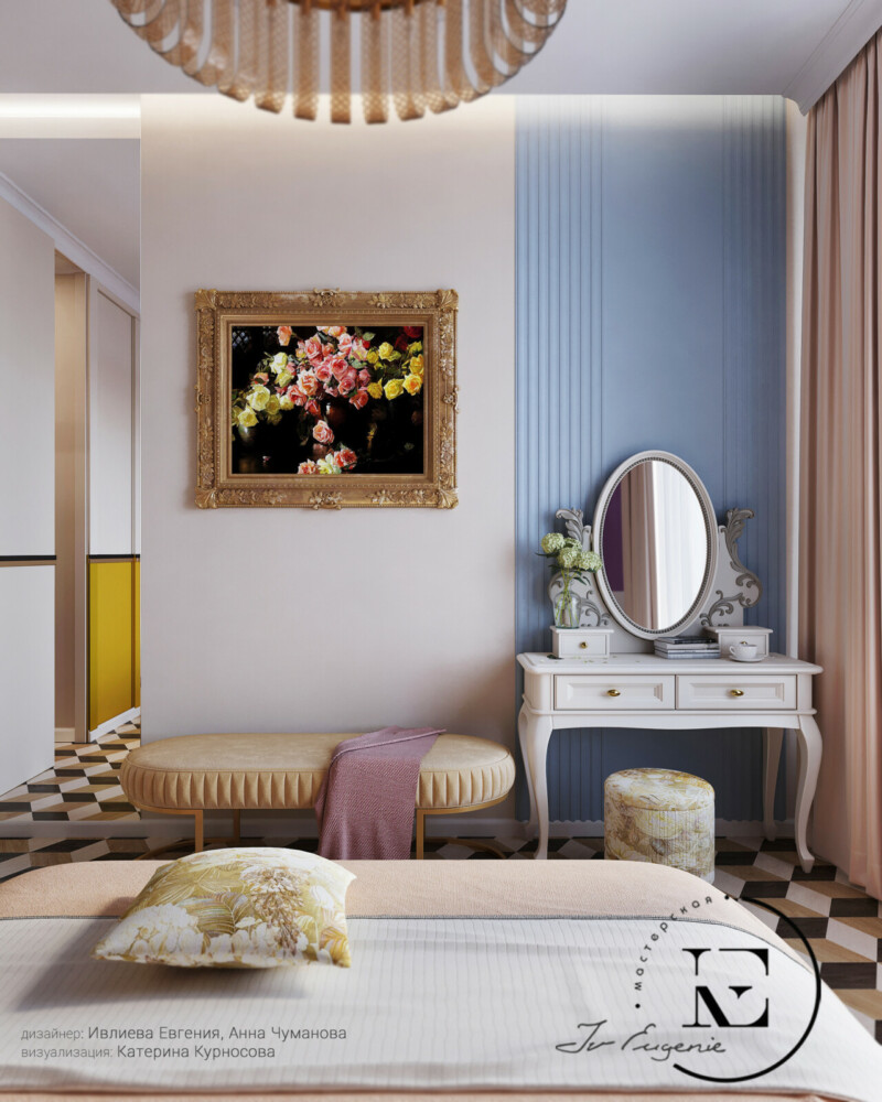 Будуар – это самое любимое место в спальне для любой женщины. Изящный столик с овальным зеркалом выполнен на заказ по эскизам дизайнера.
Большое зеркало удачно отражает прилегающую стену  и зрительно расширяет помещение.