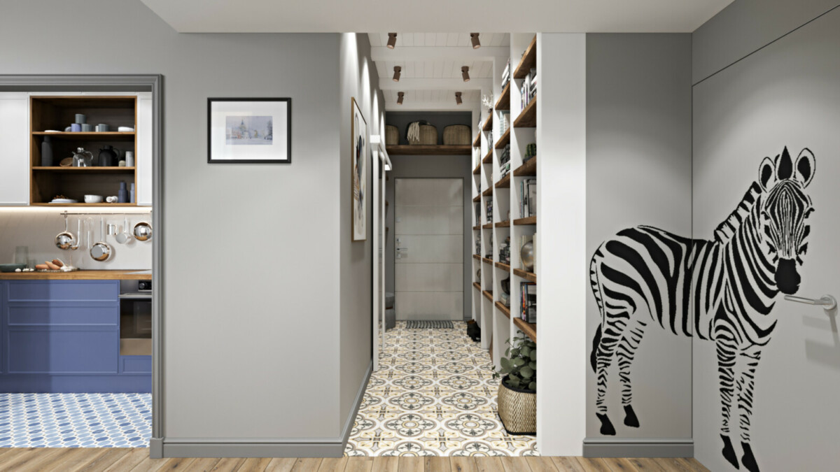 Кухня, прихожая и коридор зонированы только отделочными материалами - это открытое планировочное решение без дверей и проемов