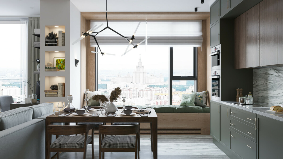 Панорамное окно на кухне подчеркнуто деревянным обрамлением, переходящим внизу в мягкую лавочку