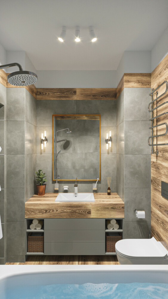 Ванная комната выполнена в индустриальном стиле - камень, дерево и металл. Природные материалы позволяют погрузиться в атмосферу расслабления и умиротворения