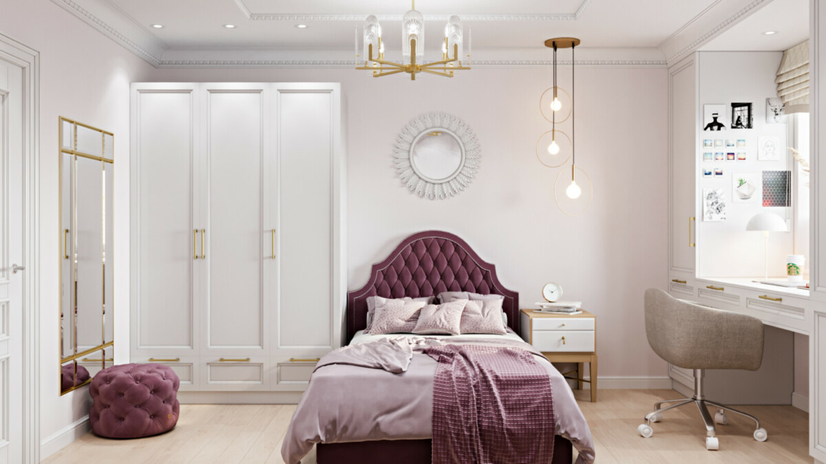 Спальное место занимает центральное место в спальной комнате, оформлена в классическом стиле, ярко малинового цвета